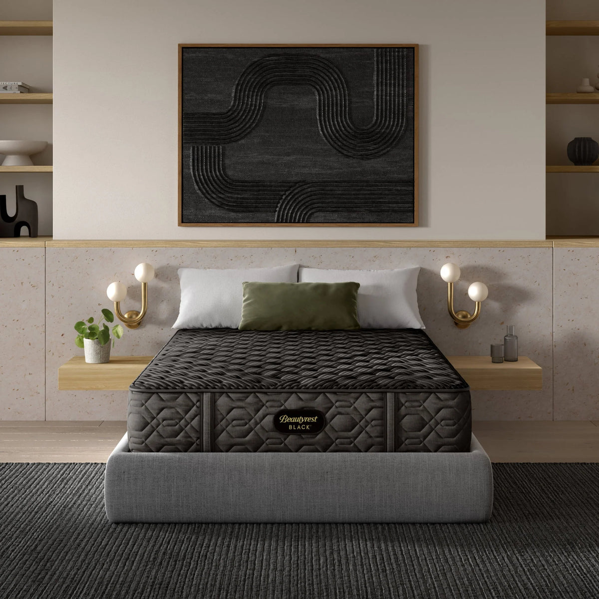 A Beautyrest World Class mattress made up in a bedroom