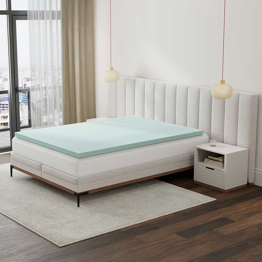 BedTech 3-inch memory foam topper on a bed in a bedroom